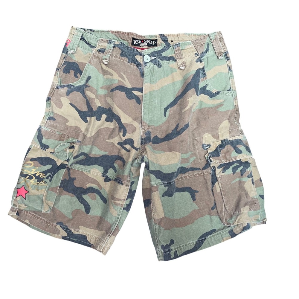 Mens Red Snap Camo Cargo Shorts